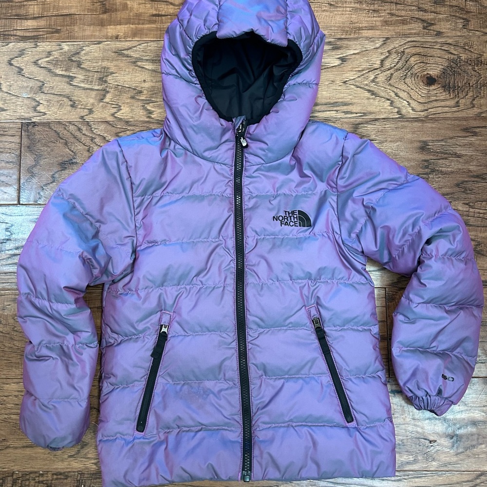 The North Face Iridescent Purple Puffer Jacket Girls Small (7/8) Reversible